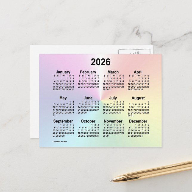 Carte Postale Calendrier mini arc-en-ciel 2026 de Janz (Devant/Arrière en situation)