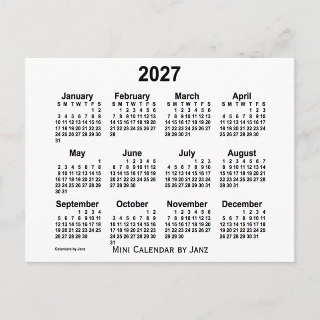 Carte Postale Calendrier mini blanc 2027 de Janz (Devant)