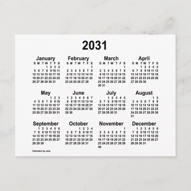 Carte Postale Calendrier Mini Blanc 2031 de Janz (Devant)