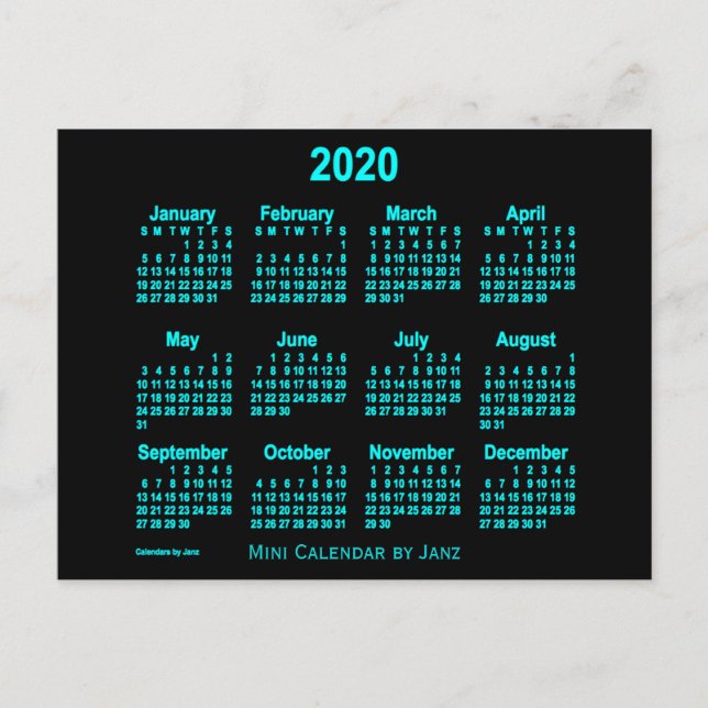 Carte Postale Calendrier Mini Bleu Néon 2020 par Janz (Devant)