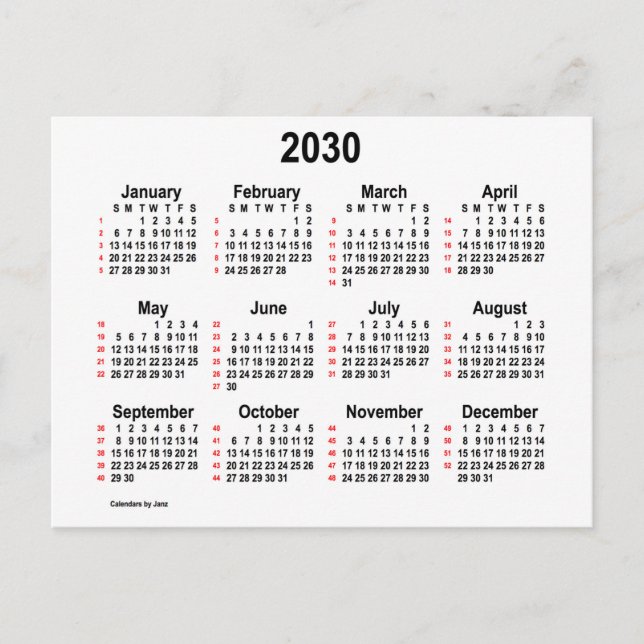 Carte Postale Calendrier mini de 52 semaines blanc 2030 de Janz (Devant)