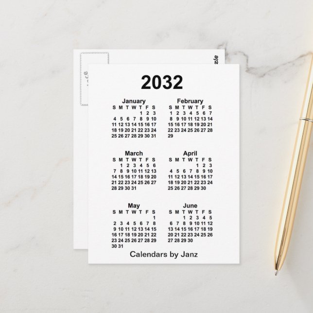 Carte Postale Calendrier mini de 6 mois blanc 2032 de Janz (Devant/Arrière en situation)