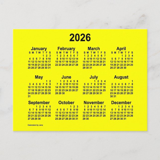 Carte Postale Calendrier Mini Jaune 2026 par Janz (Devant)