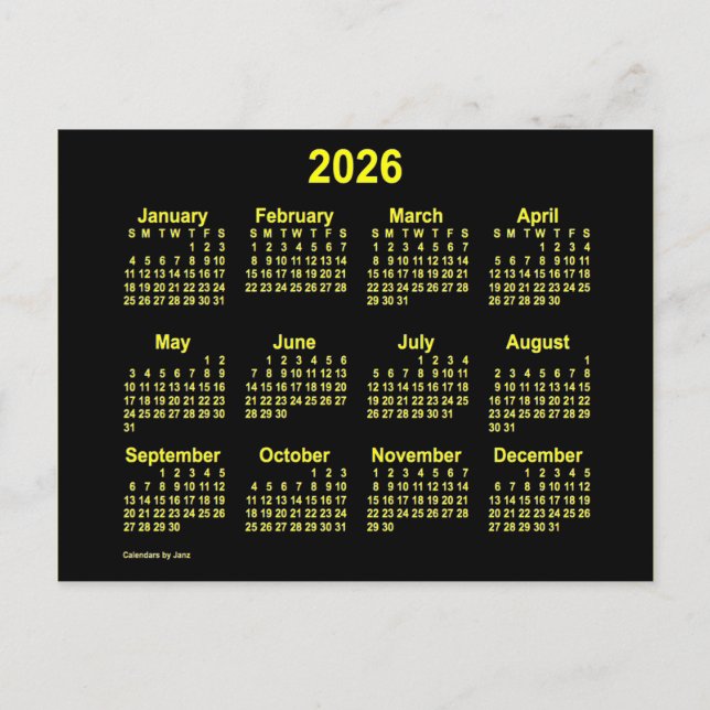 Carte Postale Calendrier Mini Jaune Néon 2026 par Janz (Devant)
