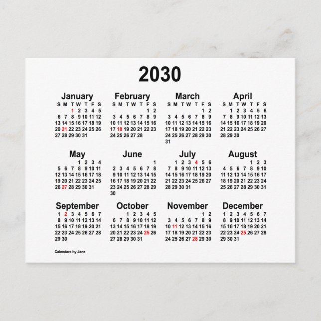 Carte Postale Calendrier Mini Vacances Blanc 2030 de Janz (Devant)