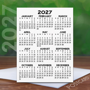 Carte Postale Calendrier minimal 2027 - Vue annuelle Noir Blanc