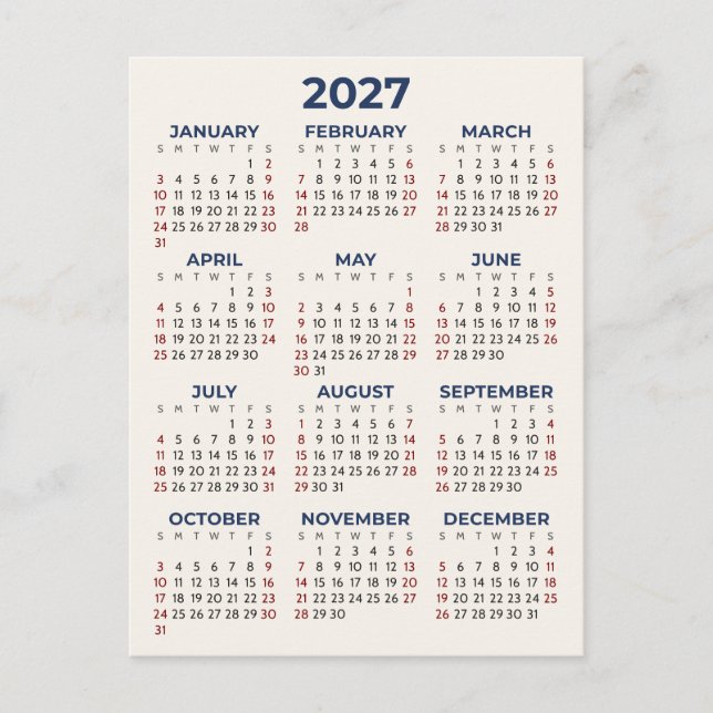Carte Postale Calendrier Minimal Simple De Base 2027 Vos Couleur (Devant)