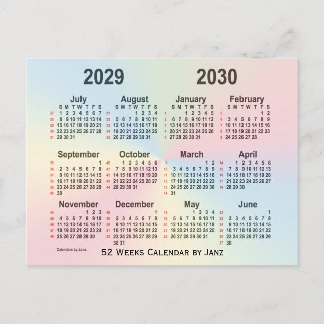 Carte Postale Calendrier Rainbow 52 semaines 2029-2030 par Janz (Devant)
