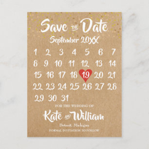 Carte Postale Calendrier Rustique Kraft Red Heart Enregistrer la