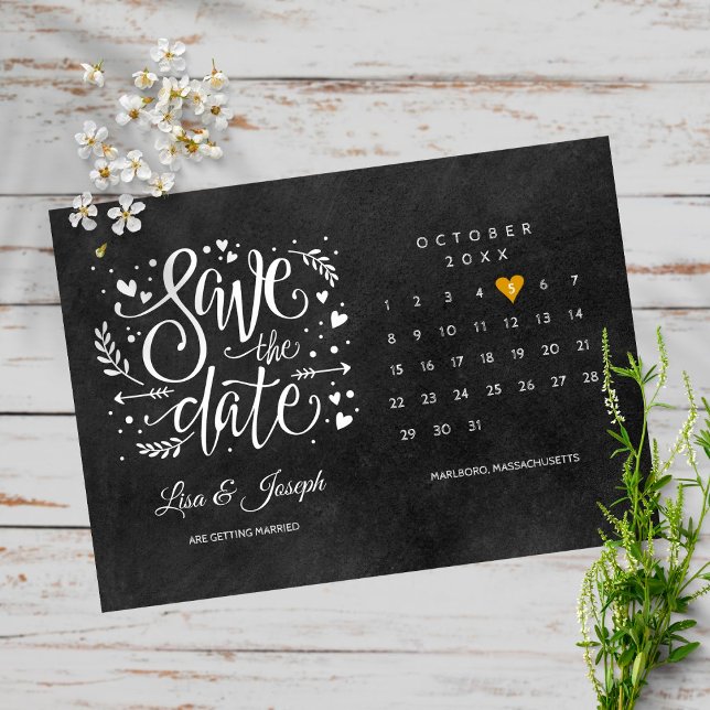 Carte Postale Calendrier "Save the Date" Tableau Noir Cœur Doré (Créateur téléchargé)