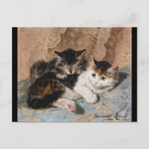 Carte Postale Calico Cat et Grey Kitten Peinture d'art fine