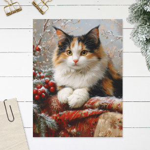 Carte Postale Calico Cat Peinture de la scène d'hiver