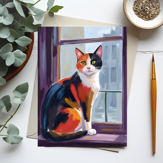 Carte Postale Calico Cat | Watercolor Windowsill Pet (Créateur téléchargé)