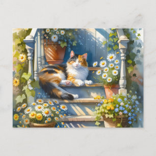 Carte Postale Calico Chat sur Porc Floral Cottagecore