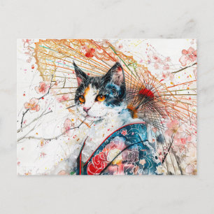 Carte Postale Calico Geisha Chat avec parapluie rouge en encre c