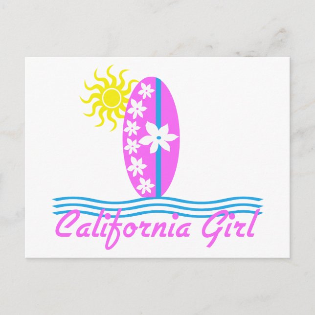 Carte Postale California Girl Pink Surfboard W/Sun (Devant)