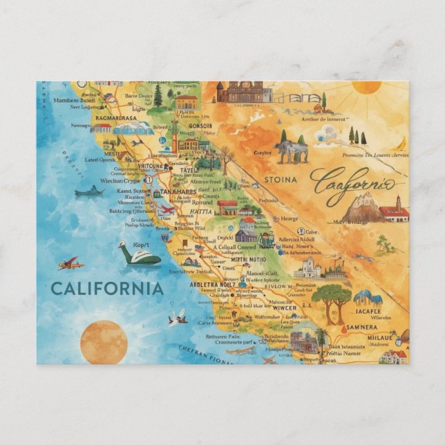 Carte Postale California Illustrated Watercolor Map Art (Devant)