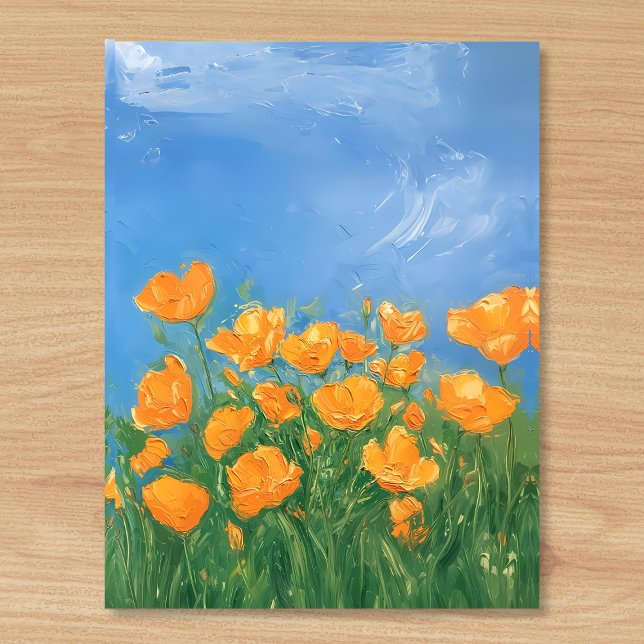 Carte Postale California Poppy Field Sky Impressionniste Peintur (Beautiful bright and happy oil painting style postcard of orange poppies in a field in California. )