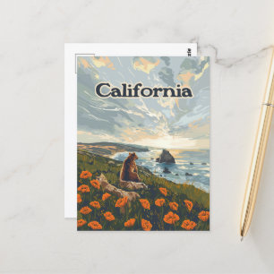 Carte Postale Californie Bear Poppies Fleurs Côte Retro