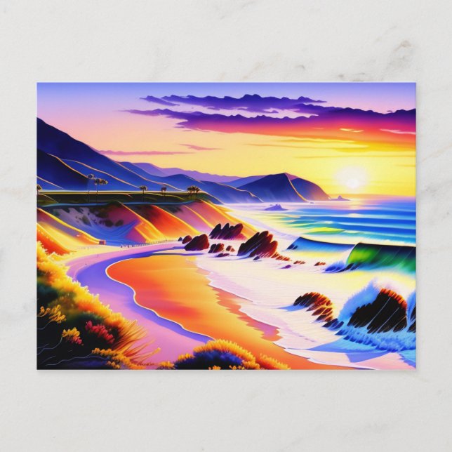 Carte Postale Californie Coastline Sunset Watercolor (Devant)