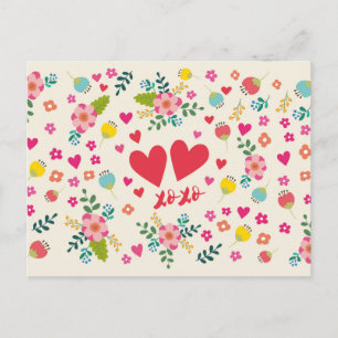 Carte Postale Câlins et baisers - Fleurs et cœurs