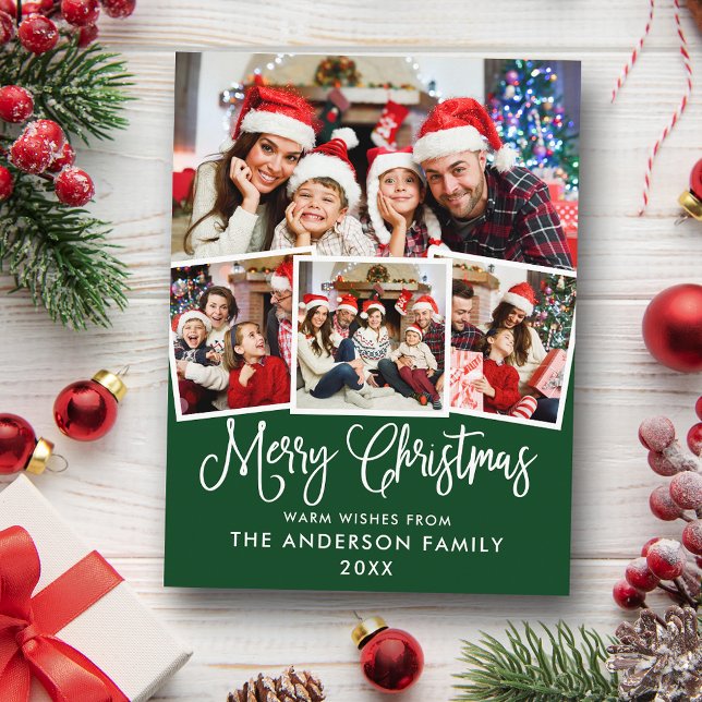 Carte Postale Calliage moderne amusant Noël 4 Photo Vert (Customize to change your personalized text size or text style.)