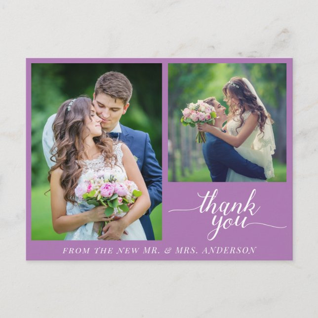 Carte Postale Calligraphie 3 Photos Mariage Merci violet (Devant)