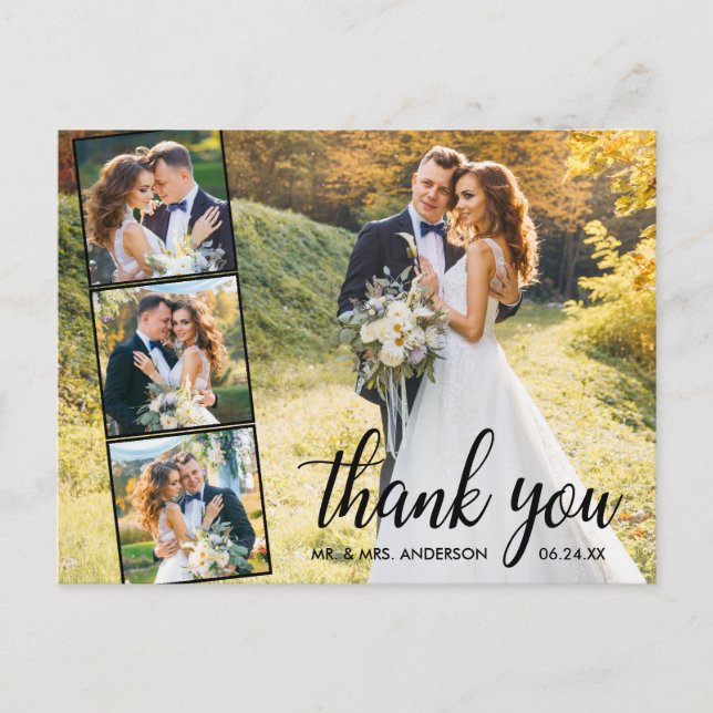 Carte Postale Calligraphie 4 Photo Collage Mariage Merci (Devant)