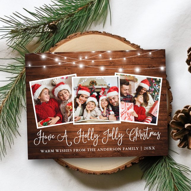 Carte Postale Calligraphie amusante Holly Jolly Lumières en bois (Customize to change your personalized text size or text style.)