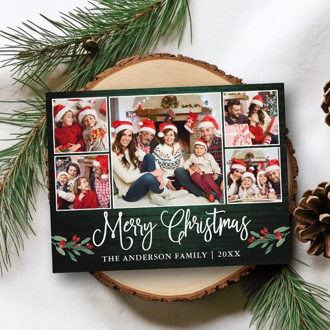 Carte Postale Calligraphie amusante Noël Green Wood Holly 5 Phot (Customize to change your personalized text size or text style.)