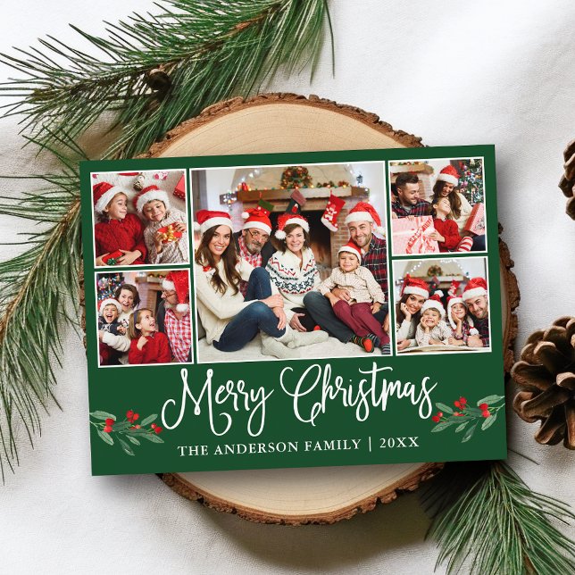 Carte Postale Calligraphie amusante Noël Holly 5 Photo Vert (Customize to change your personalized text size or text style.)