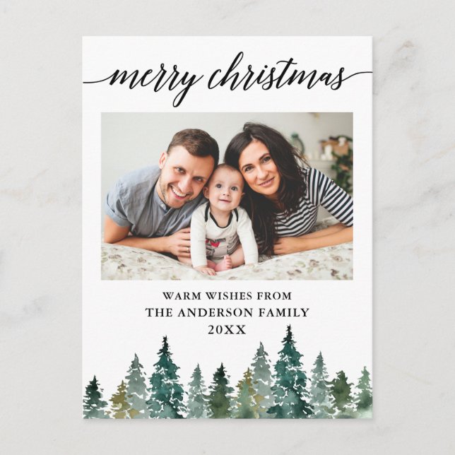 Carte Postale Calligraphie Aquarelle Pine Arbres Photo Noël (Devant)