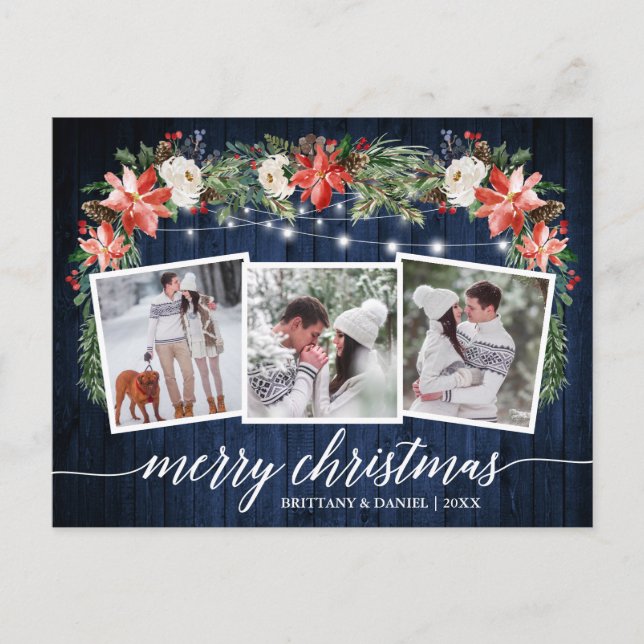 Carte Postale Calligraphie Bleu Bois 3 Photo Aquarelle Florale (Devant)