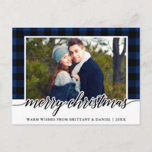 Carte Postale Calligraphie bleu Plaid Couple photo Noël