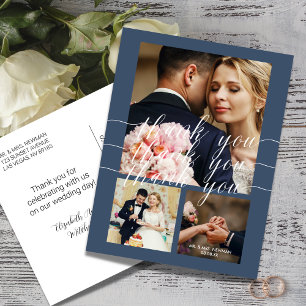 Carte Postale Calligraphie Bleu Poussiéreux 3 Photo Mariage Reme