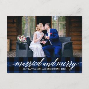 Carte Postale Calligraphie Blue Plaid marié et joyeux Mariage