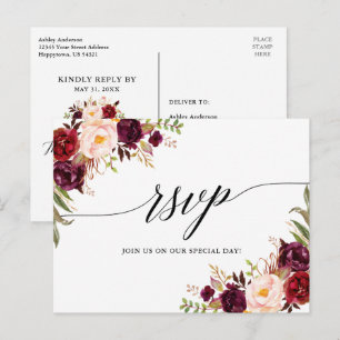 Carte Postale Calligraphie Bourgogne Mariage floral RSVP