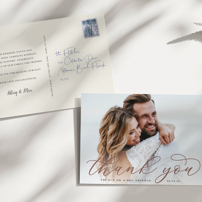 Carte Postale Calligraphie classique Script Mariage Photo Merci (Créateur téléchargé)