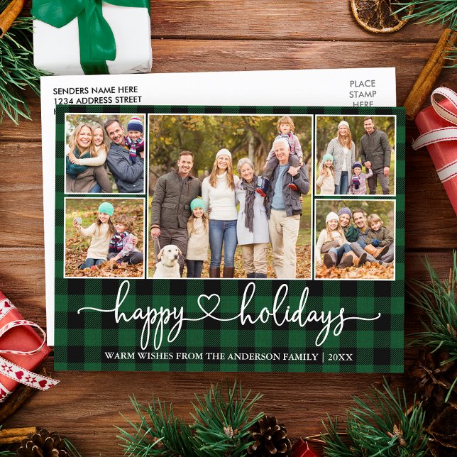 Carte Postale Calligraphie Coeur 5 Photo Green Plaid Holiday (Customize to change your personalized text size or text style.)