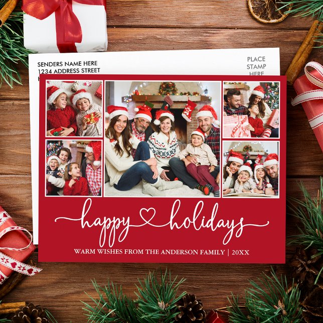 Carte Postale Calligraphie Coeur Joyeuses Fêtes 5 Photo Rouge (Customize to change your personalized text size or text style.)