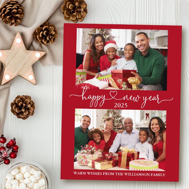 Carte Postale Calligraphie Coeur Joyeux Nouvel An Rouge 2 Photo (Customize to change your personalized text size or text style.)