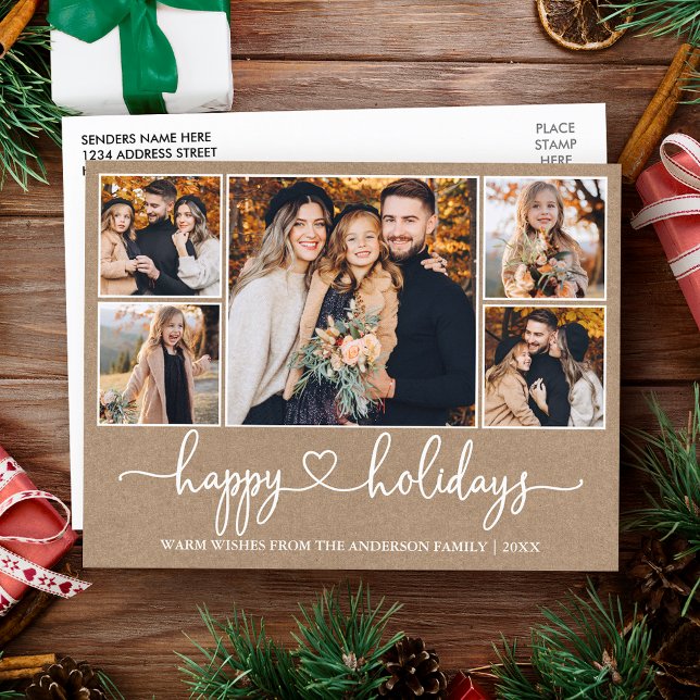 Carte Postale Calligraphie Coeur Joyeux Vacances Kraft 5 Photo (Customize to change your personalized text size or text style.)