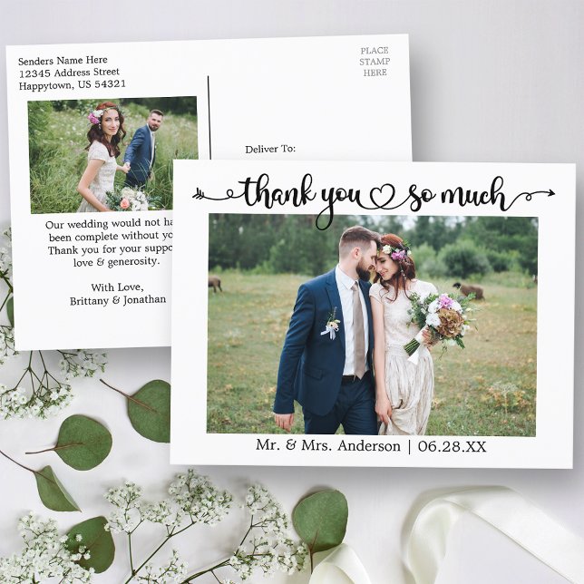 Carte Postale Calligraphie Cœur Mariage Photo Merci Beaucoup (Customize to change your personalized text size or text style.)
