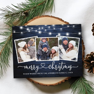 Carte Postale Calligraphie Coeur Noël Bleu Bois Lumières