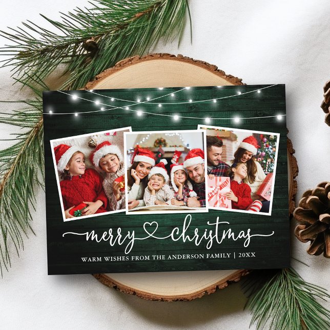 Carte Postale Calligraphie Coeur Noël Vert Bois Lumières (Customize to change your personalized text size or text style.)