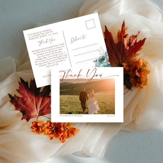 Carte Postale Calligraphie d'automne Mariage romantique Merci ph (fall wedding shower baby photo thank you teal burnt orange terracotta calligraphy watercolor floral)