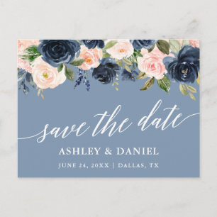 Carte Postale Calligraphie Enregistrer La Date Dusty Blue Rose