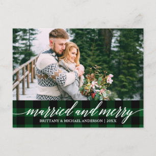 Carte Postale Calligraphie Green Plaid Marié et Joyeux Mariage