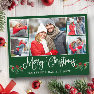 Carte Postale Calligraphie Holly 5 Photo Couple Christmas Green