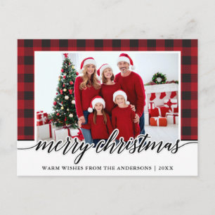 Carte Postale Calligraphie Joyeux Noël Famille Photo Rouge Plaid